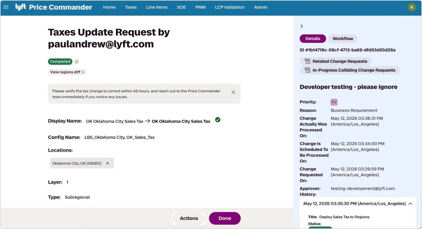 The old change request view in Price Commander, a taxes update request listing display name, config name, locations, layer and type, beside a details panel with a request ID, priority, reason and three timestamps: change actually was processed on, change is scheduled to be processed on, change requested on