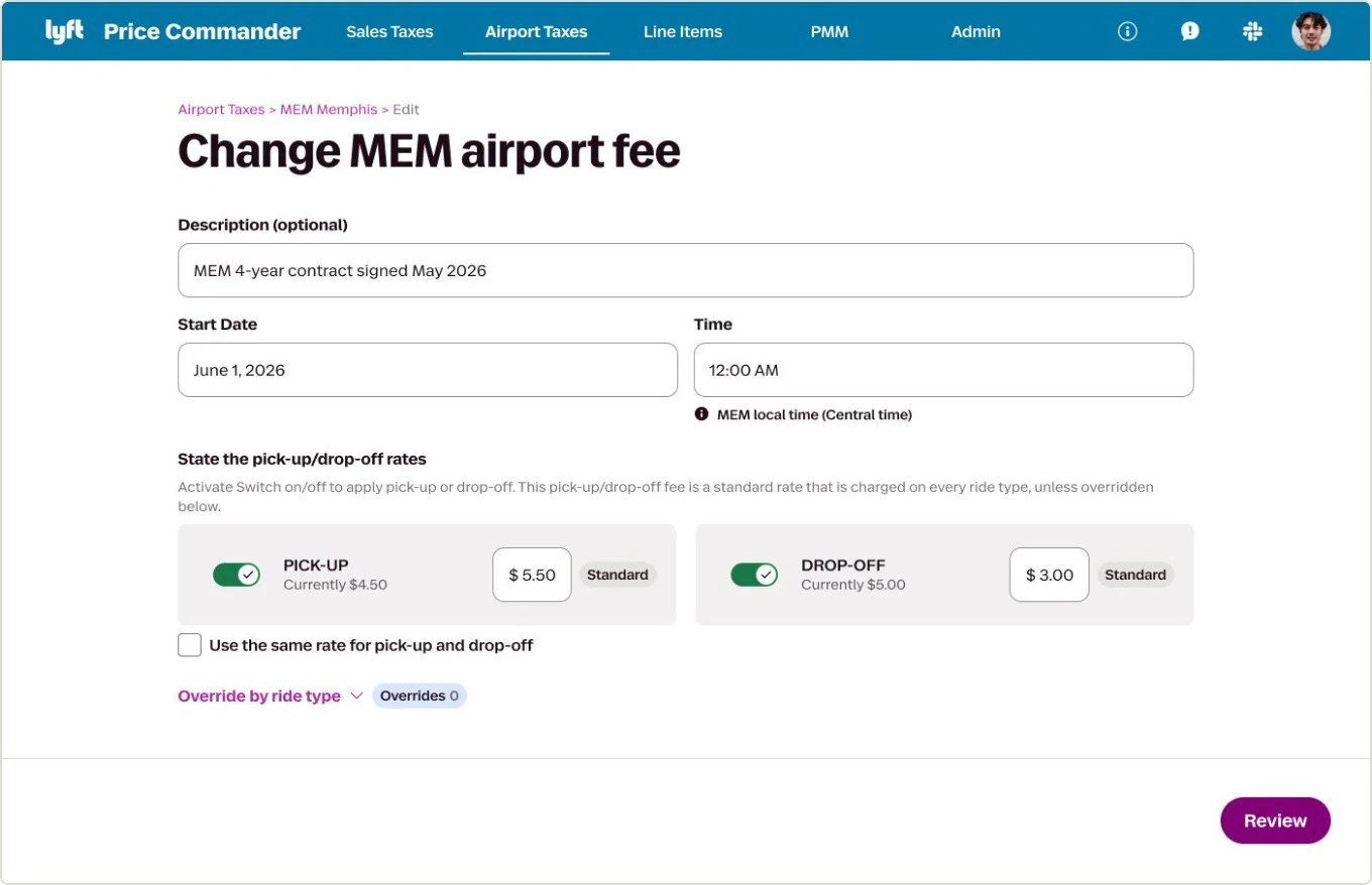 The change MEM airport fee form, an optional description, one start date and time labelled MEM local time (central time), pick-up and drop-off toggles each with a new amount and its current value, and an override by ride type control