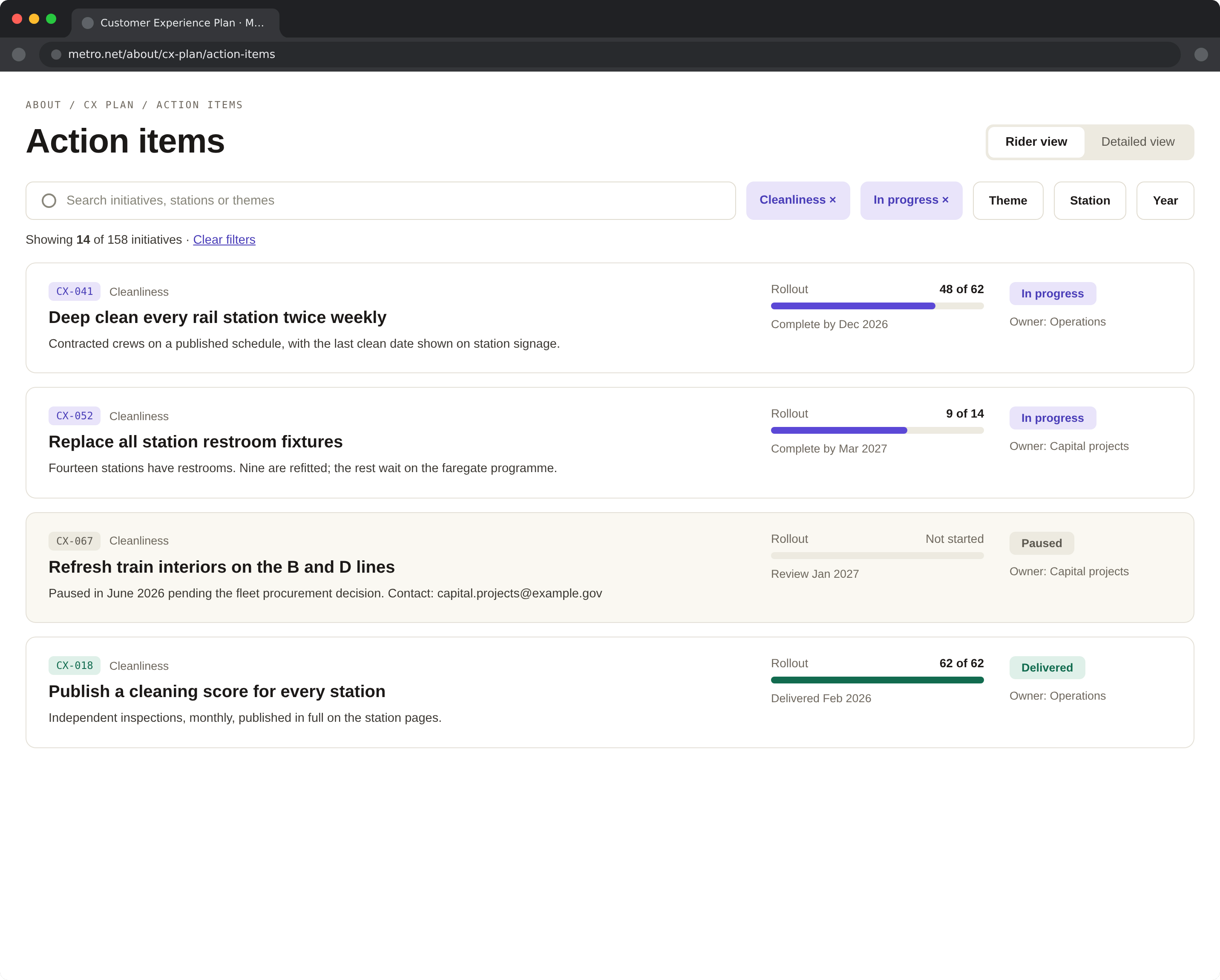 The action-item tracker, rider view and detailed view as an audience toggle, removable filter chips, and paused initiatives carrying their reason and a named contact