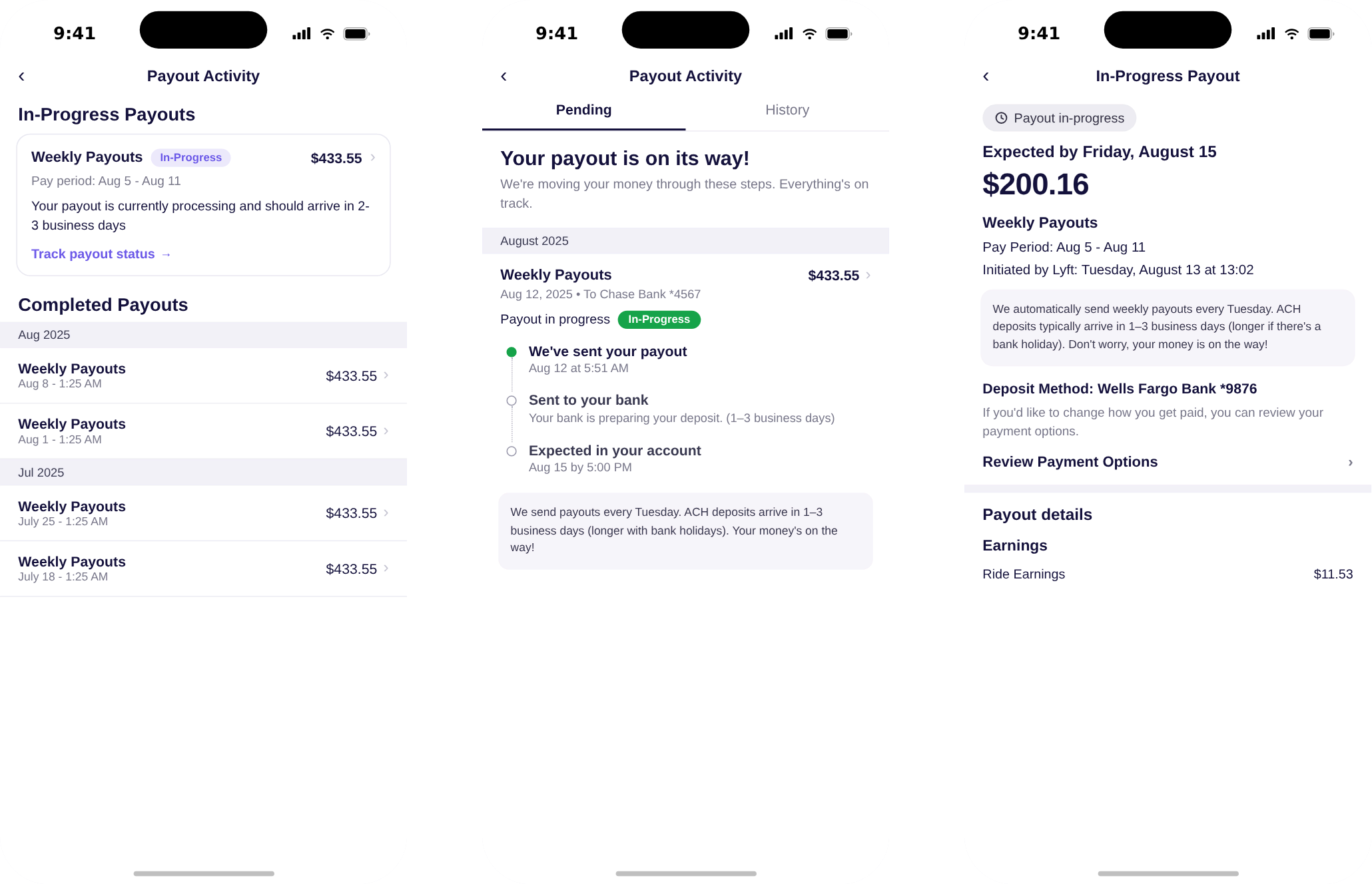 Design explorations, a vertical status tracker, pending and history tabs, and inline ETA status options