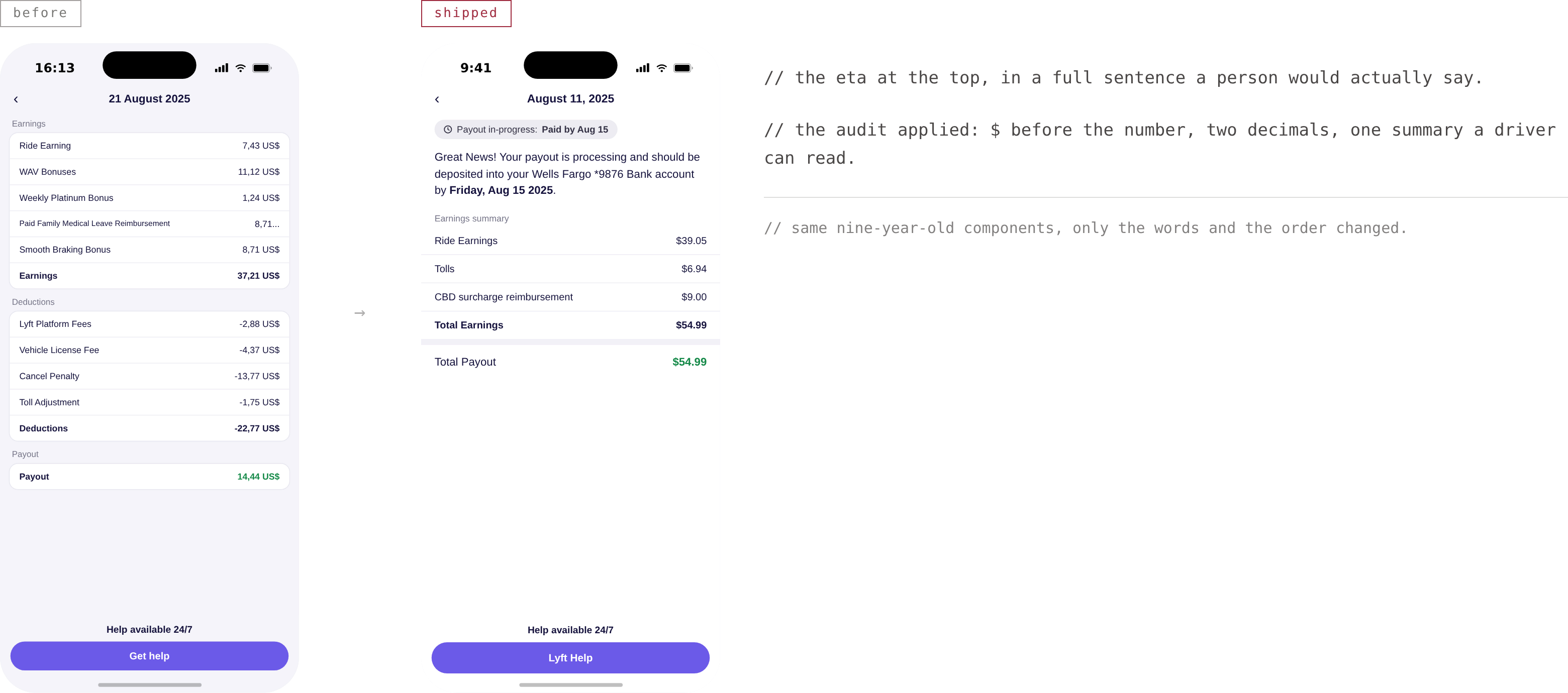 The shipped payout detail screen, the amount and expected arrival at the top, plain-language status copy, and the inline ETA, all inside the existing components