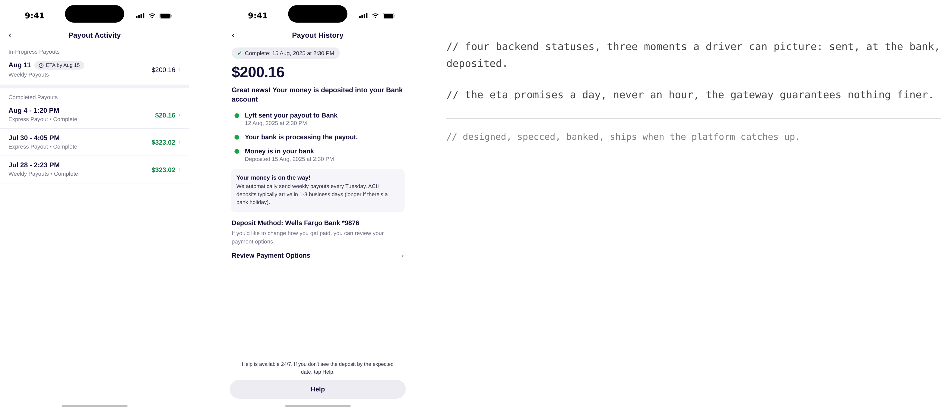 Visual payout tracker designed for future phases, a stepper inside the payout detail showing sent, at the bank, and deposited