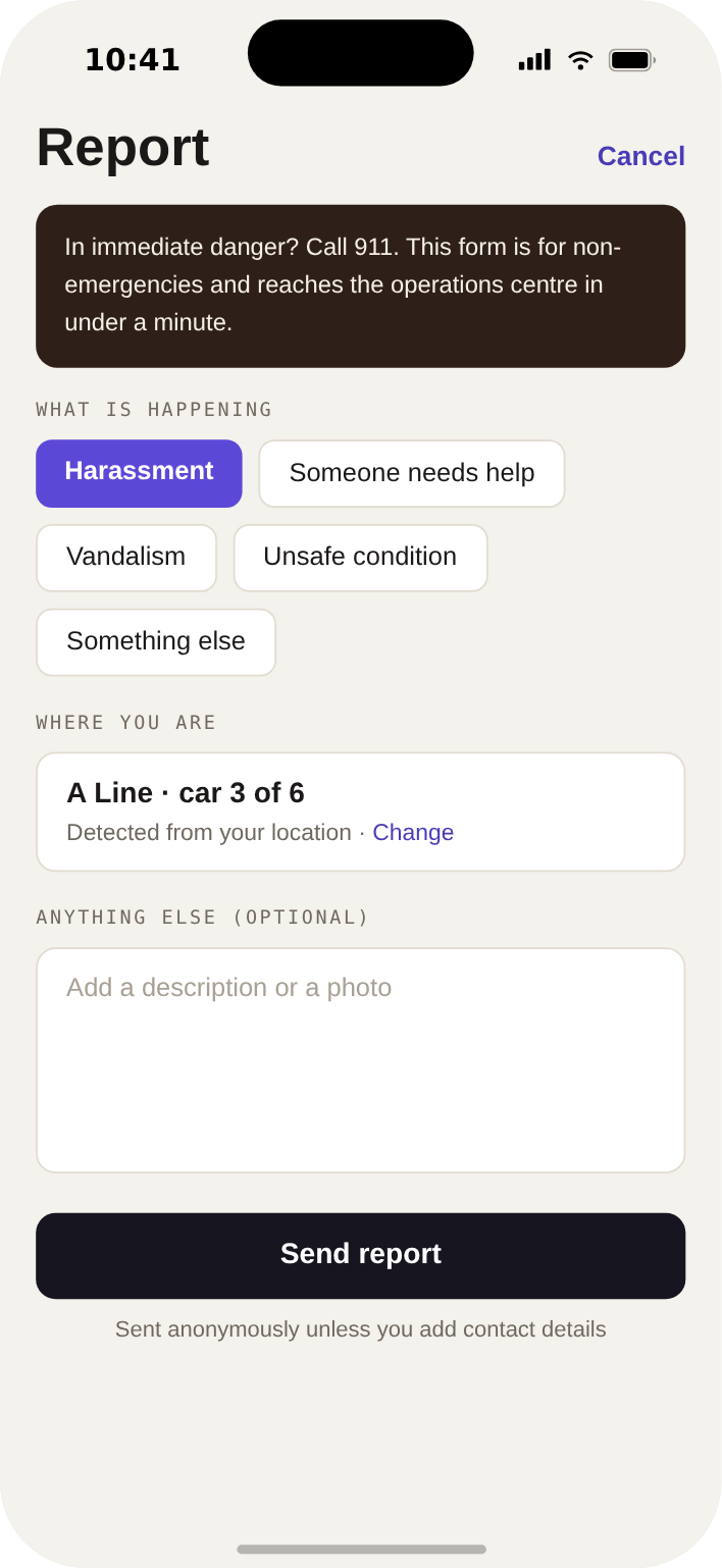 The mobile report flow, an in-immediate-danger 911 card first, category chips, auto-detected location with a change option, and anonymous send with no required free text