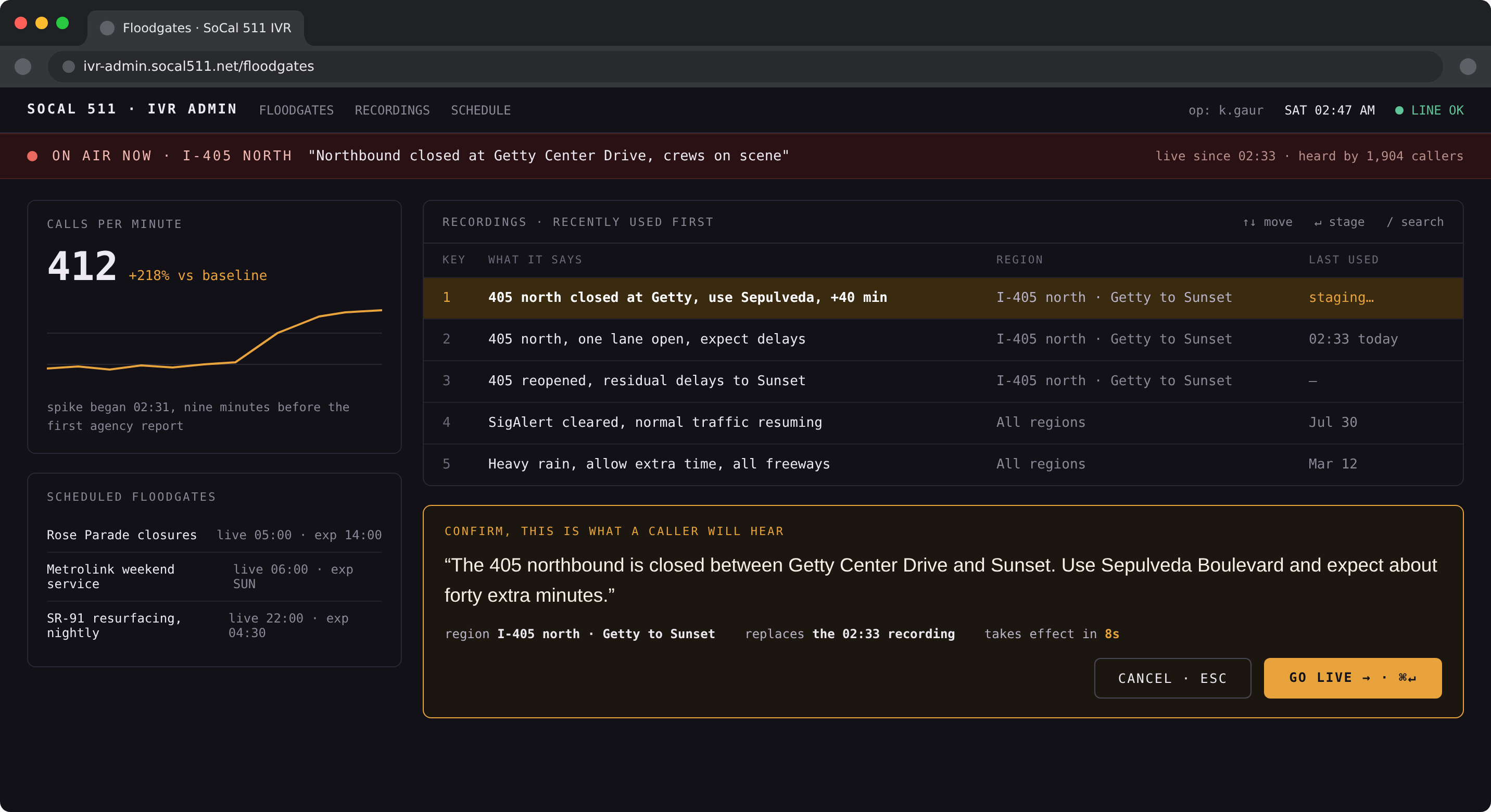 The IVR admin dashboard in its incident state: the on-air banner, live call volume spiking, a keyboard-focused recording staged, and the confirm card showing the exact words callers will hear with a go-live countdown